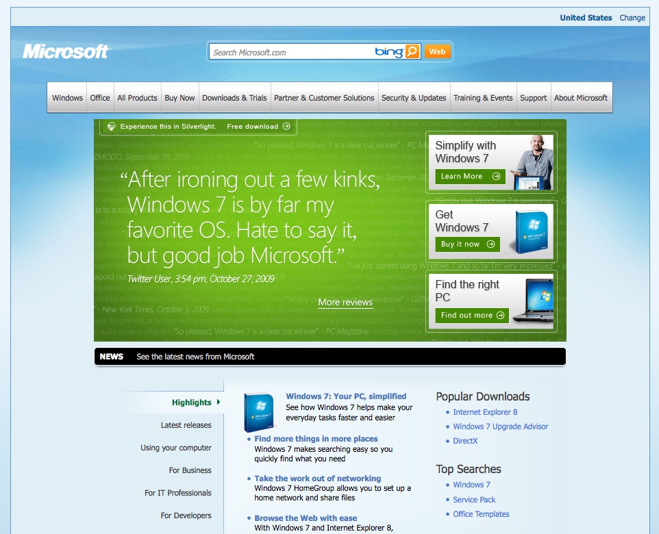 Homepage showing Windows 7 (2009)